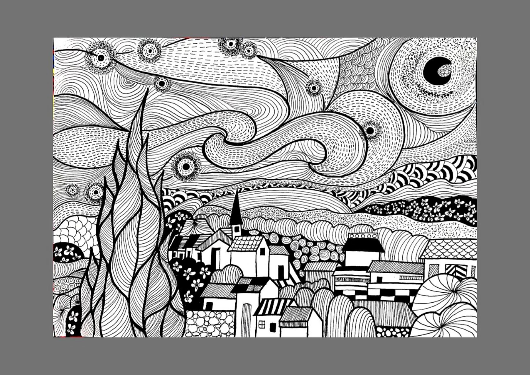 黑白线条画·梵高《星空》