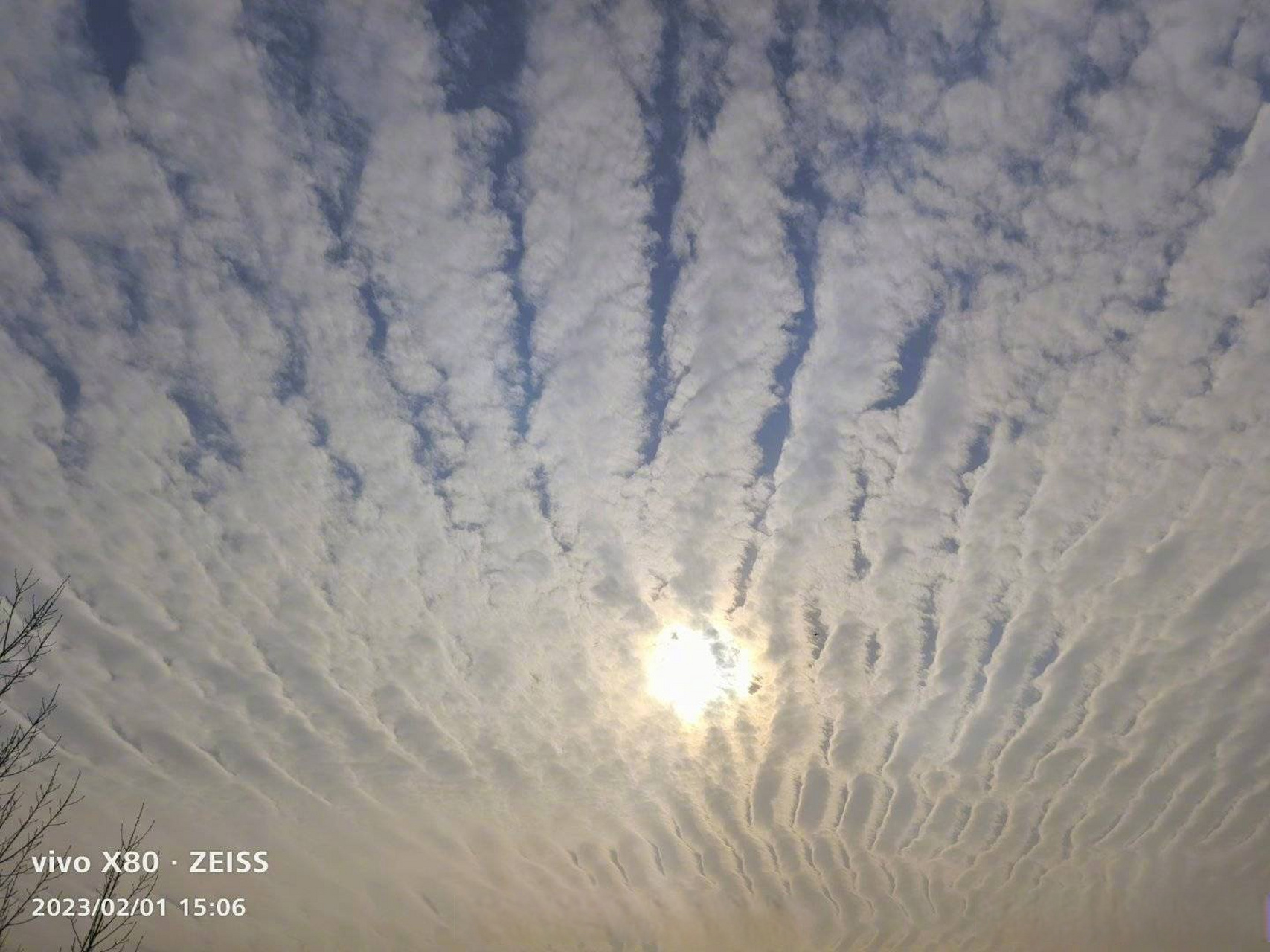 今天白天,安徽出现了壮观的波状高积云,辐辏状的云体在天顶组成如来神