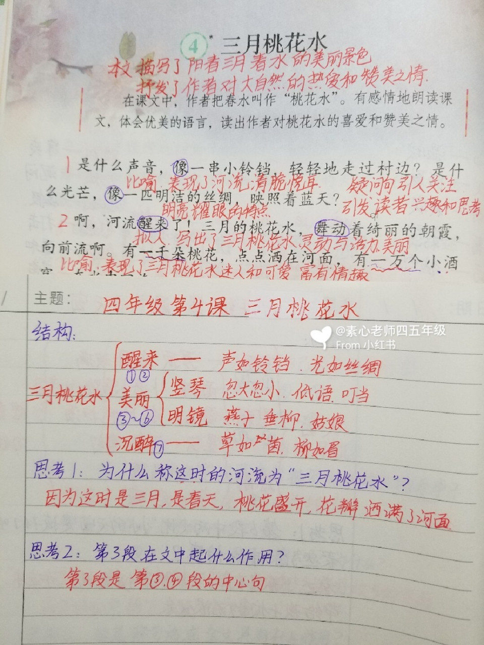 四年级下册第4课《三月桃花水》直播笔记 四年级每天下午两点,晚上七