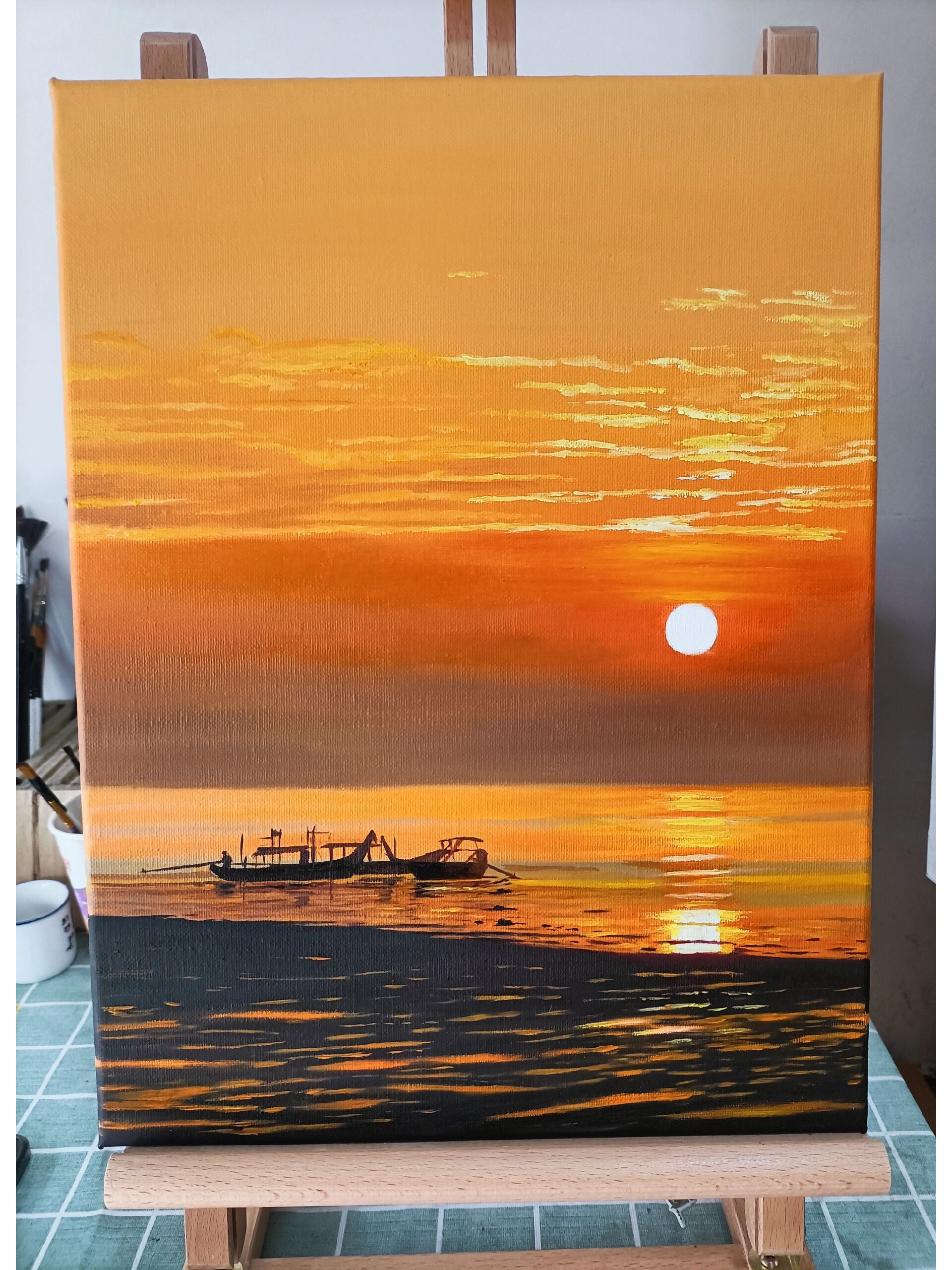 落日黄昏下的海景 纯手绘油画风景装饰画,尺寸3040,可出售