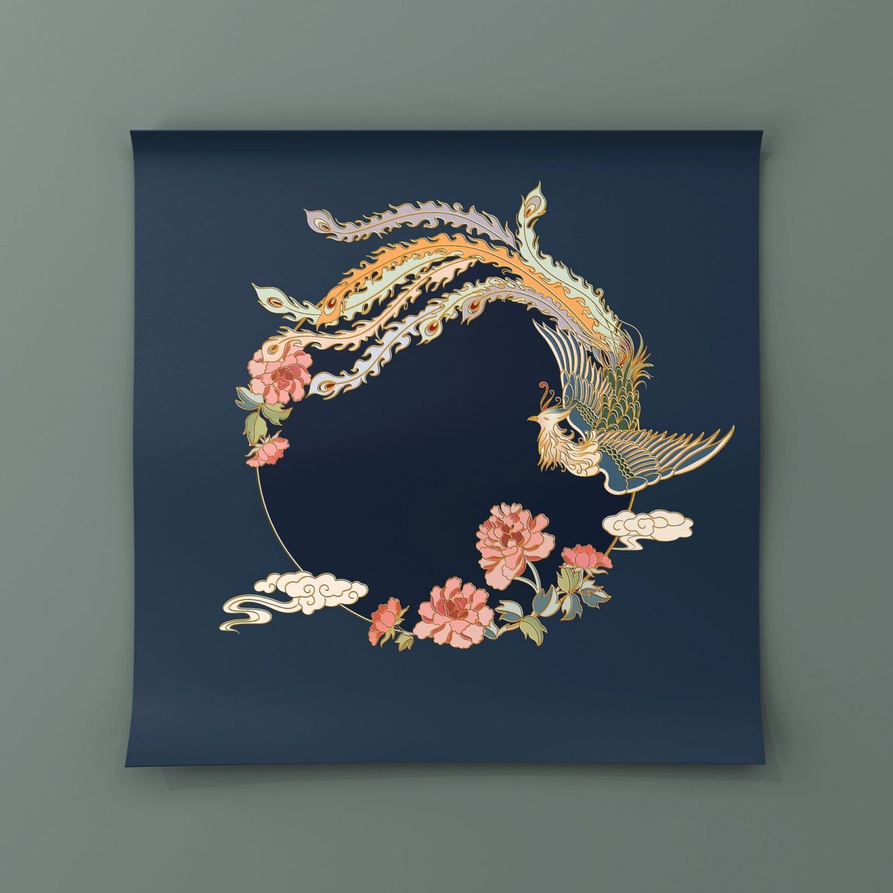 掐丝珐琅|凤凰牡丹祥云插画包装复古配色 绘画app是:art set 相框效果