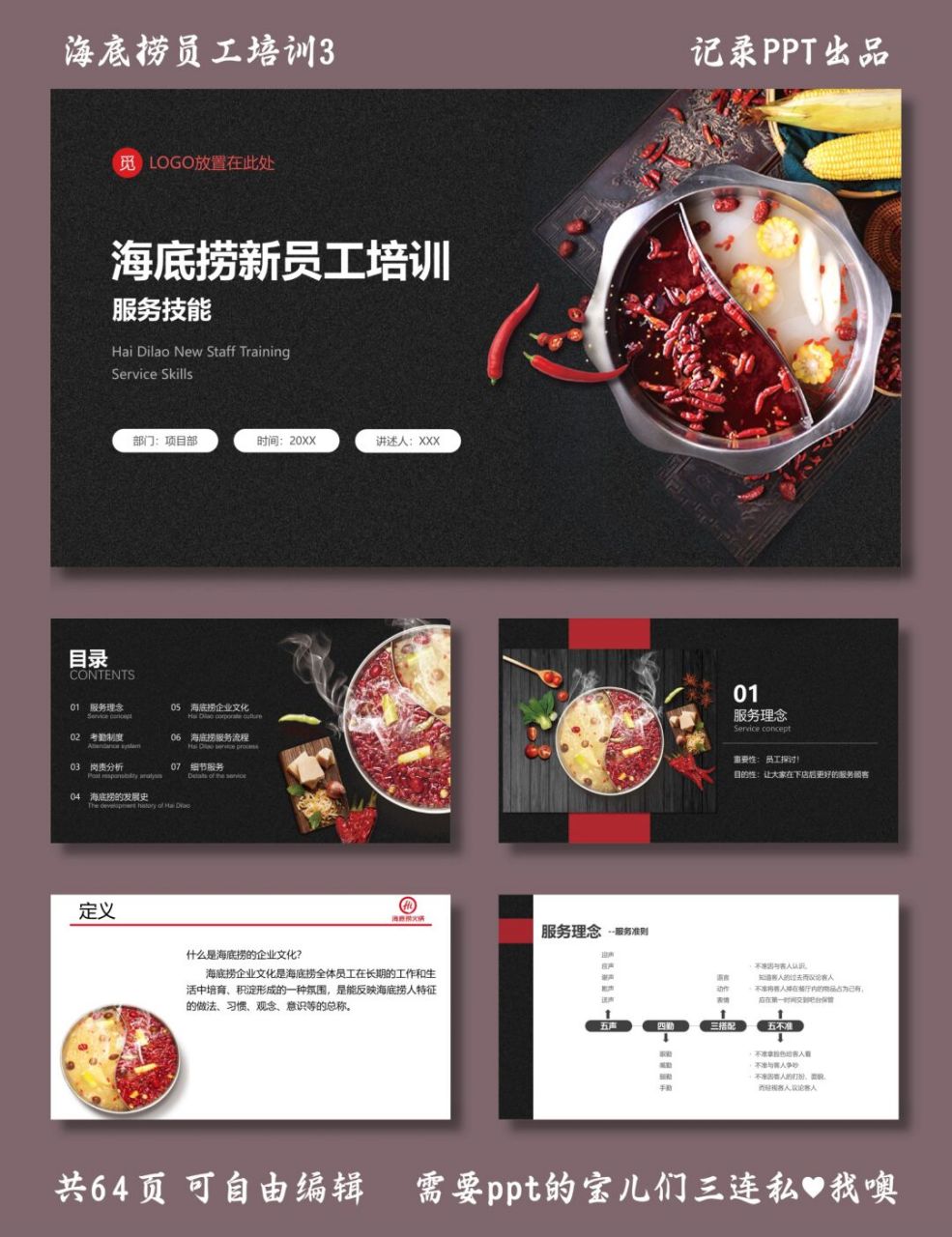 海底捞服务技能培训 海底捞员工培训3 ppt模板 目录包括 ①服务理念
