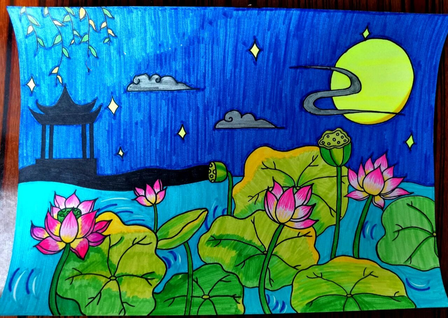 儿童创意夏季主题风景画荷花《荷塘月色》