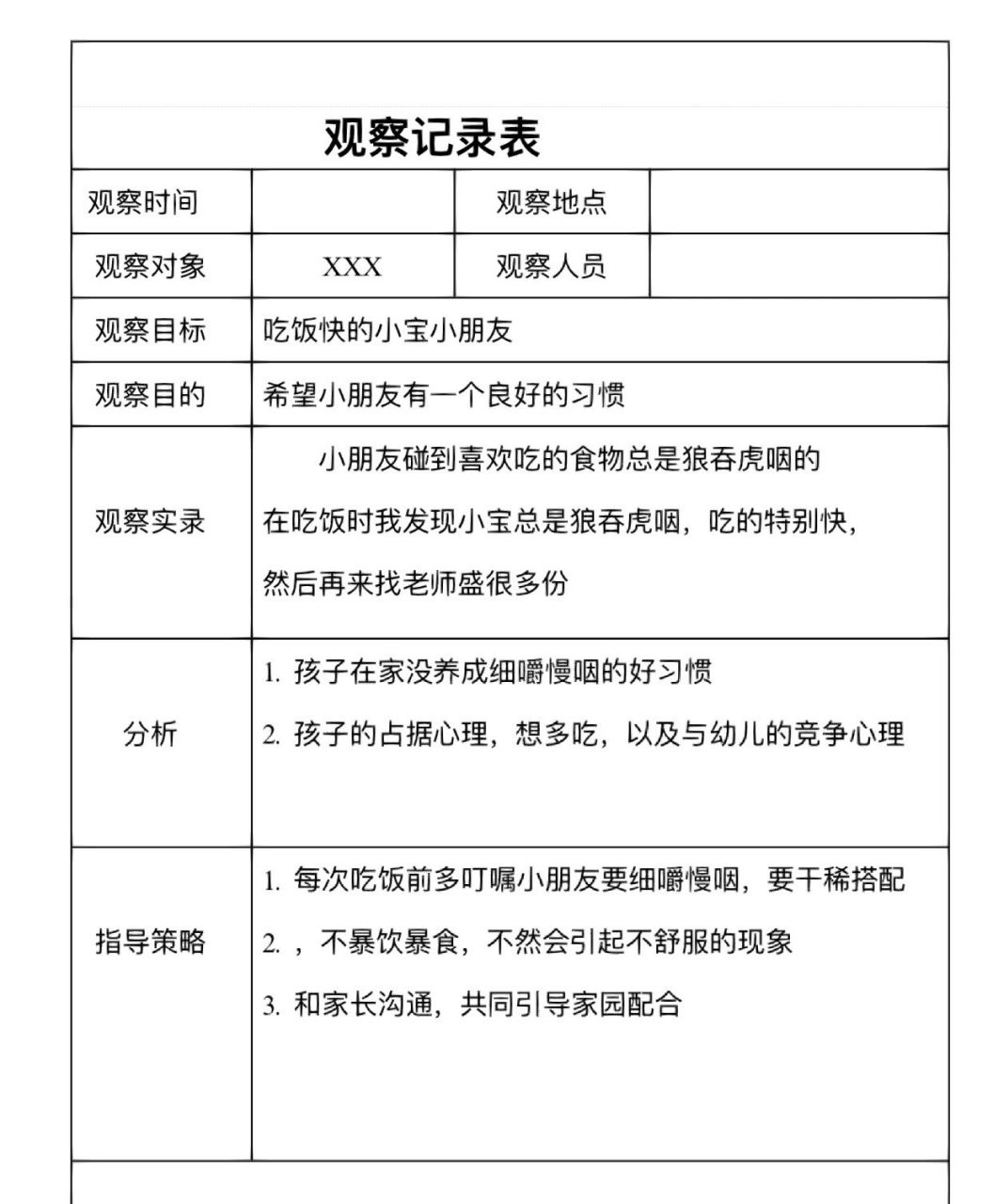 幼儿园小班个案跟踪观察记录表(幼儿园小班个案跟踪观察记录与分析措施)