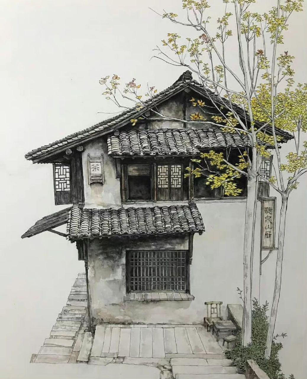 江南的白墙黑瓦(2) 马小伟老师的钢笔水彩画