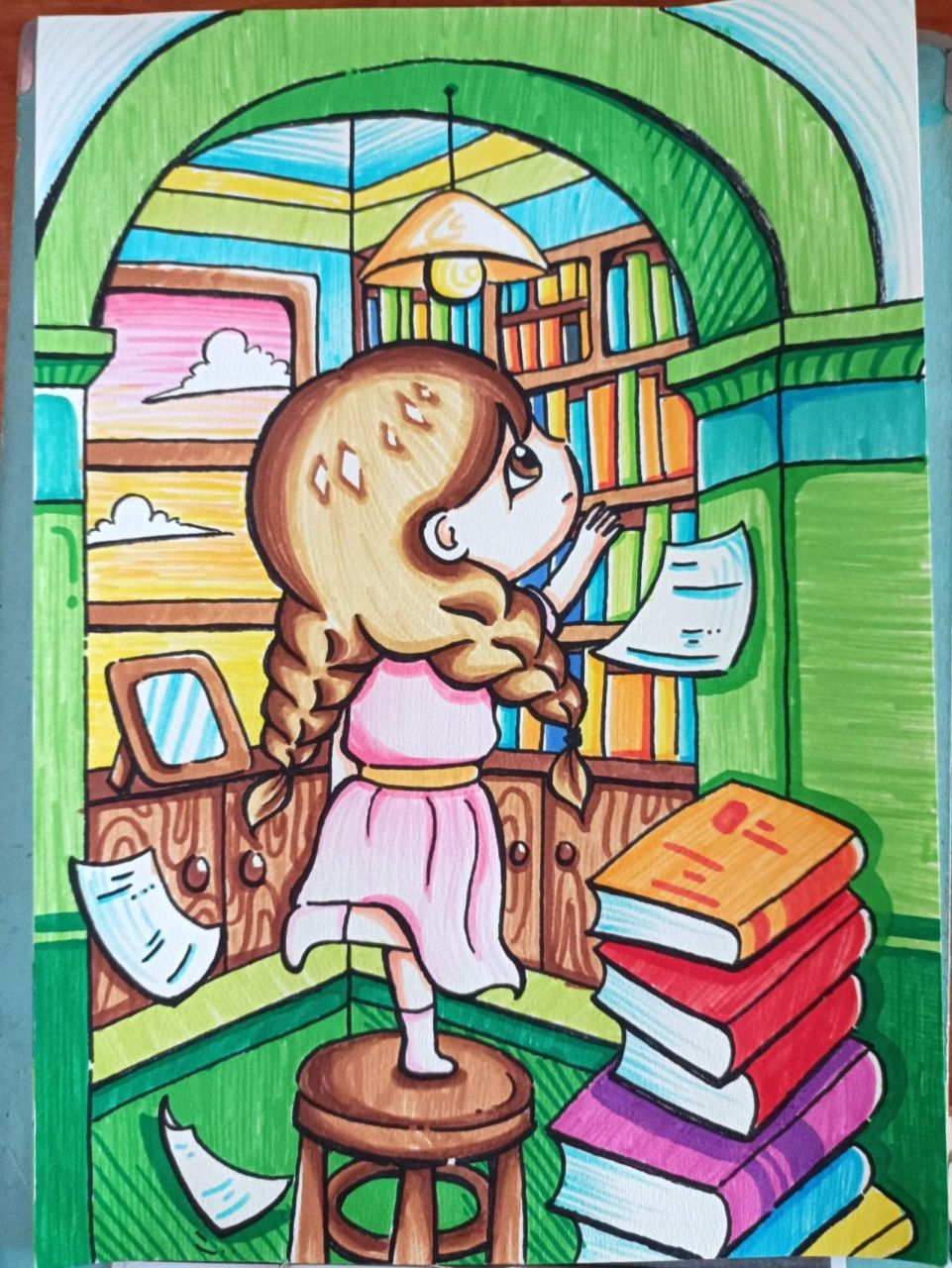 《图书馆》创意主题儿童画(含过程) 这也是库存哦,之前暑假画的 用的