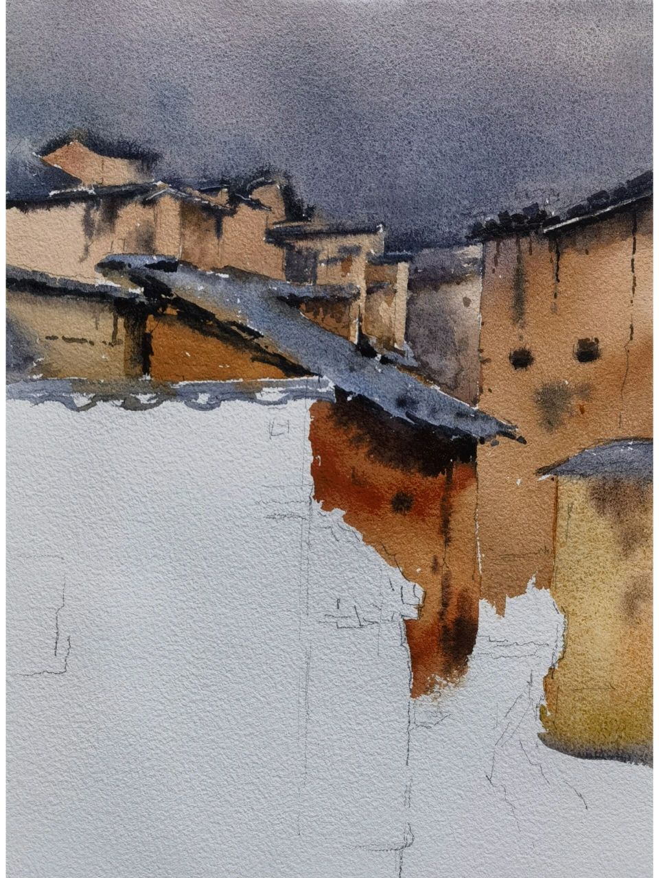 水彩风景《雨后古村落》 谢谢沙河老师的素材