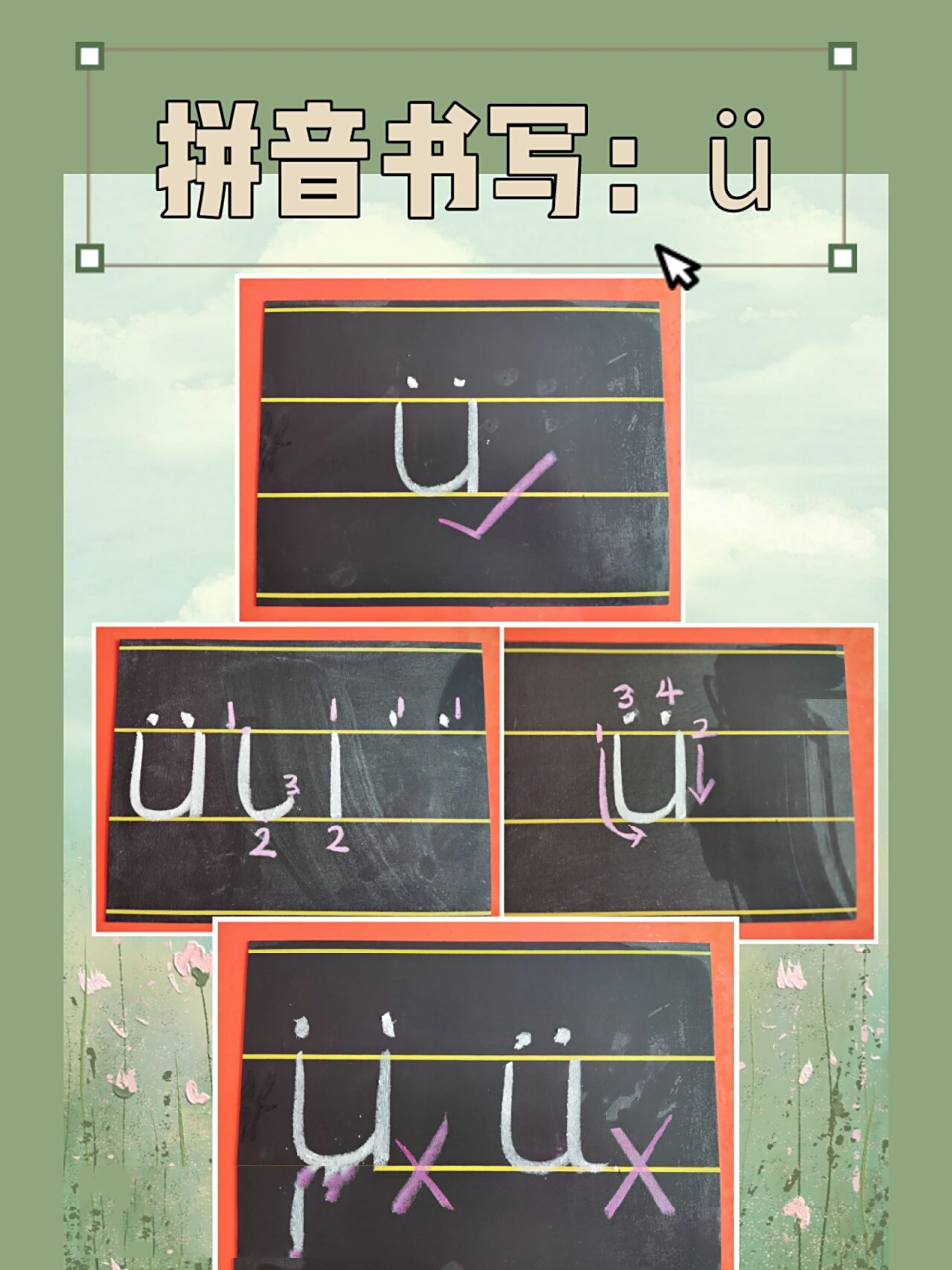 【拼音书写】单韵母ü 94【书写过程】 单韵母ü住在中上格.