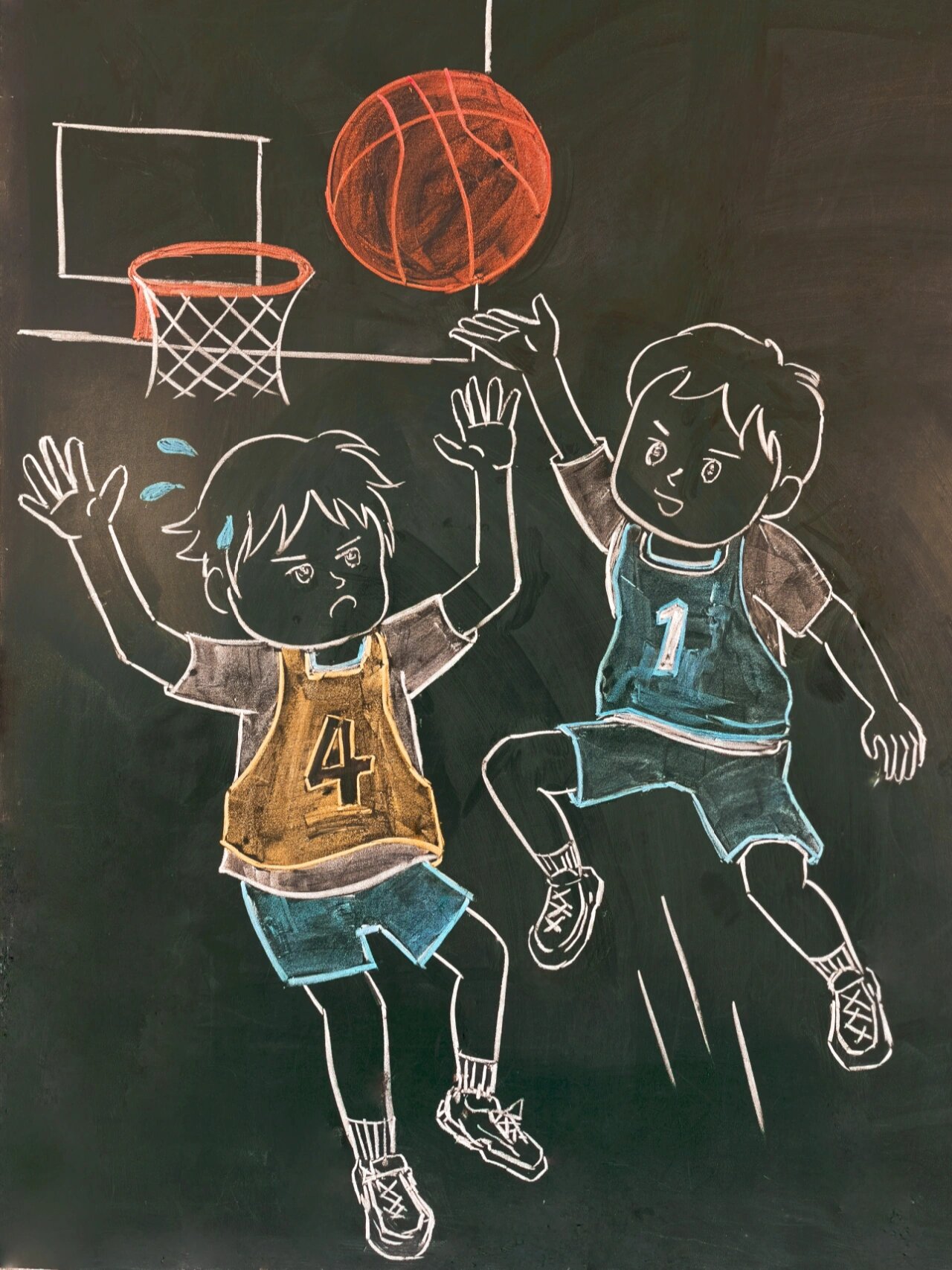 黑板报粉笔画|打篮球卡通画