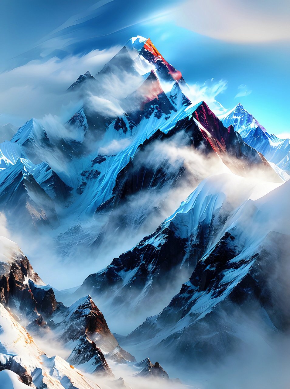 雪山景色,主峰的样貌 以某处雪山为模板刻画出来的雪峰山脉