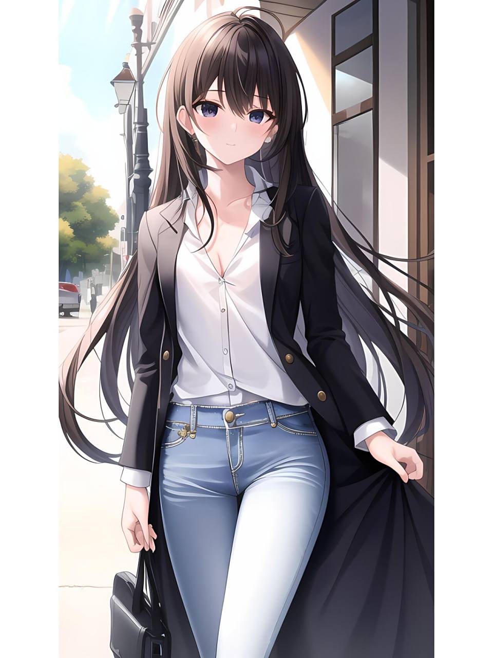 牛仔裤长发飘逸阳光女孩,动漫二次元绘画