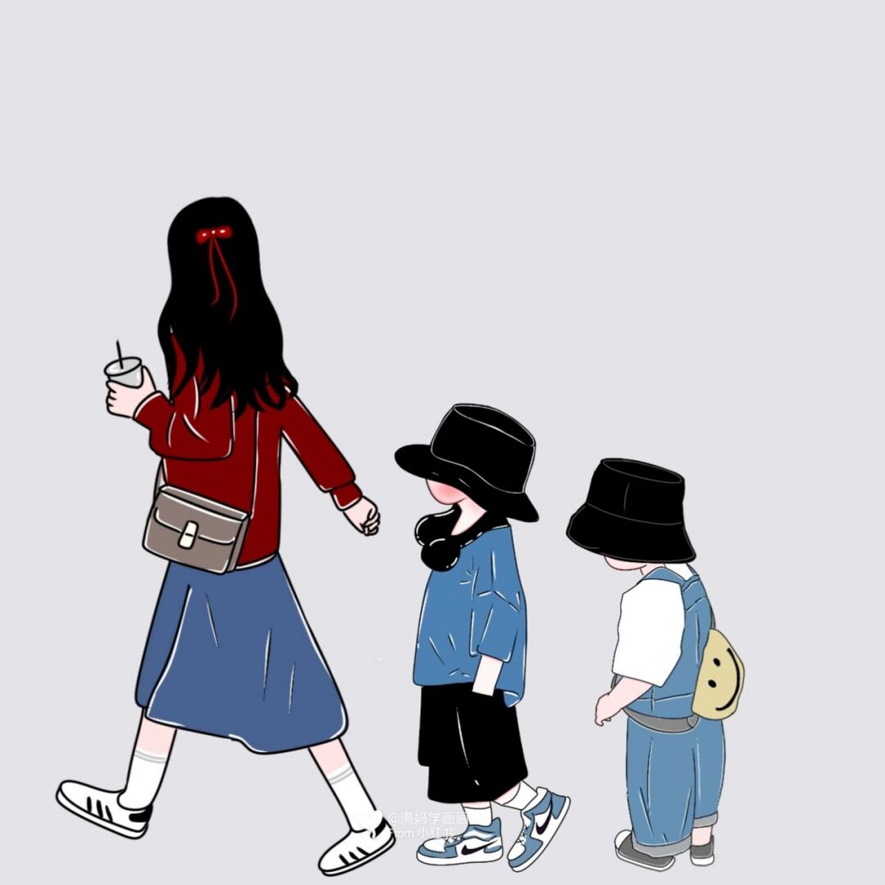 原创手绘亲子头像母子母女三人头像 生了两个女儿,有人嘲笑了,有人