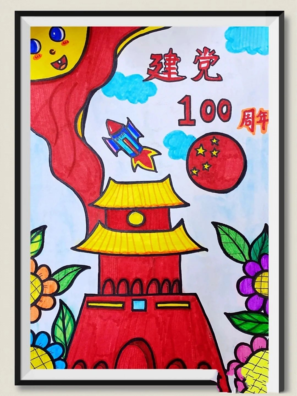 红色主题创意儿童画分享 适合6～9岁小朋友 所需材料:素描纸,彩卡纸