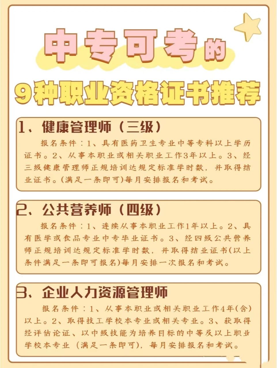 中專畢業可以考的9大證書 1,健康管理師(三級) 報名條件:1,具有醫藥