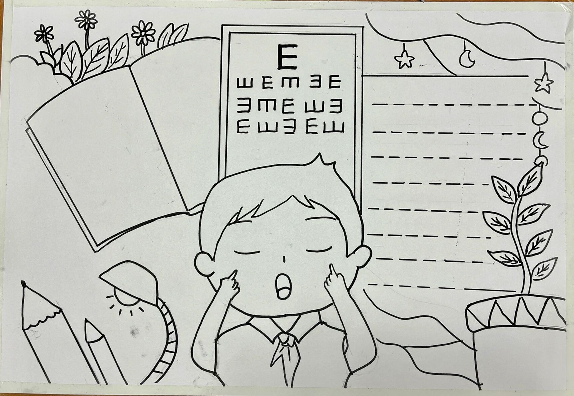 "全国爱眼日"主题手抄报～   一不小心,儿子就把小男生的胳膊涂成橘色