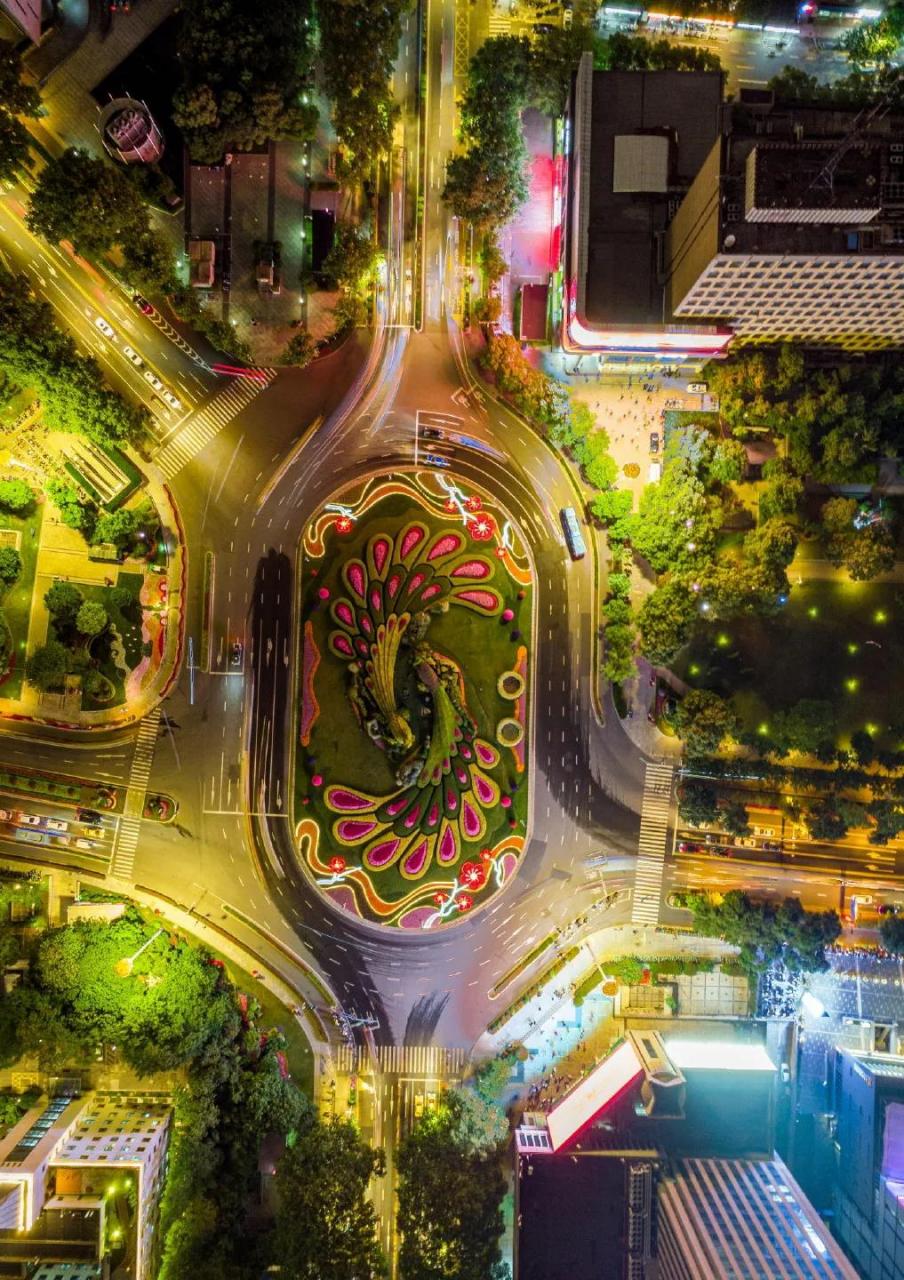 俯瞰南京鼓楼转盘,有两只孔雀形状的绿化带,以此为中心有5条公路,按顺