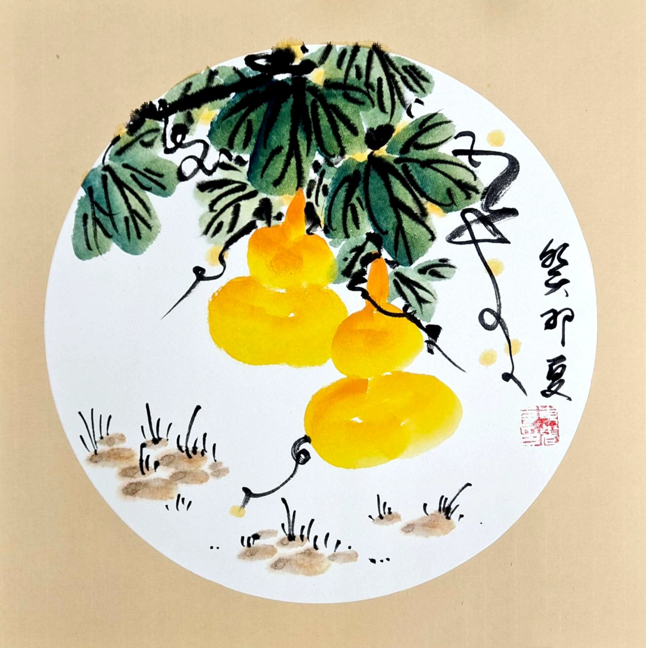 国画葫芦步骤图 葫芦颜色:整笔藤黄,笔尖硃磦 叶子颜色:整笔绿色,笔尖