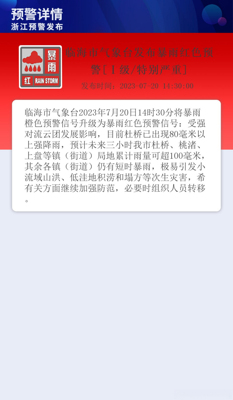 临海市气象台发布暴雨红色预警