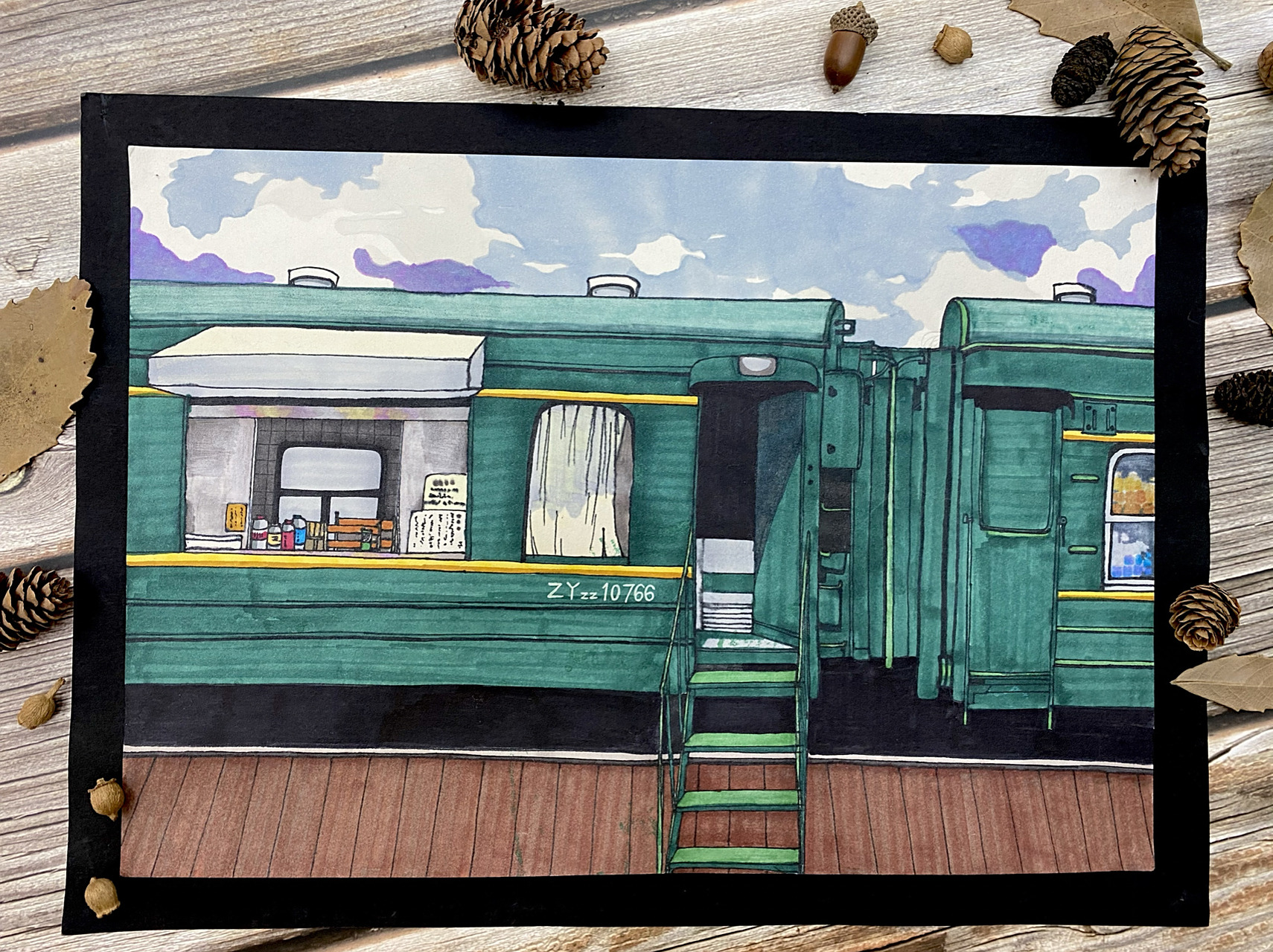 马克笔画绿皮火车～ 一张稍显粗糙的马克笔绿皮火车