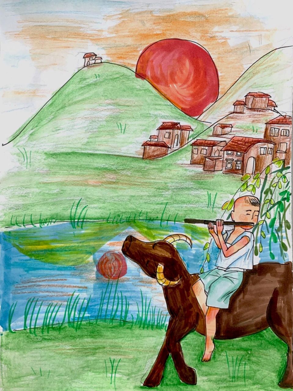 五年级下《古诗三首》情境画 特色作业  《四时田园杂兴》《稚子弄冰