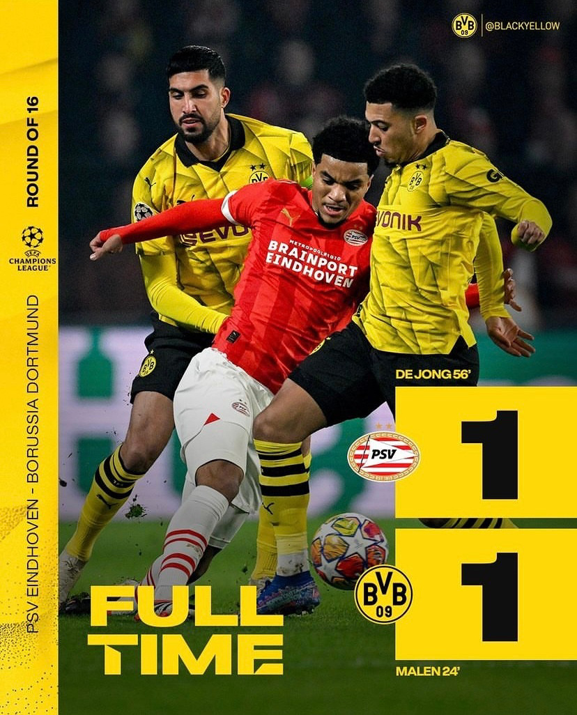 欧冠1/8决赛首回合,多特客场1比1战平埃因霍温;   马伦破门弑旧主