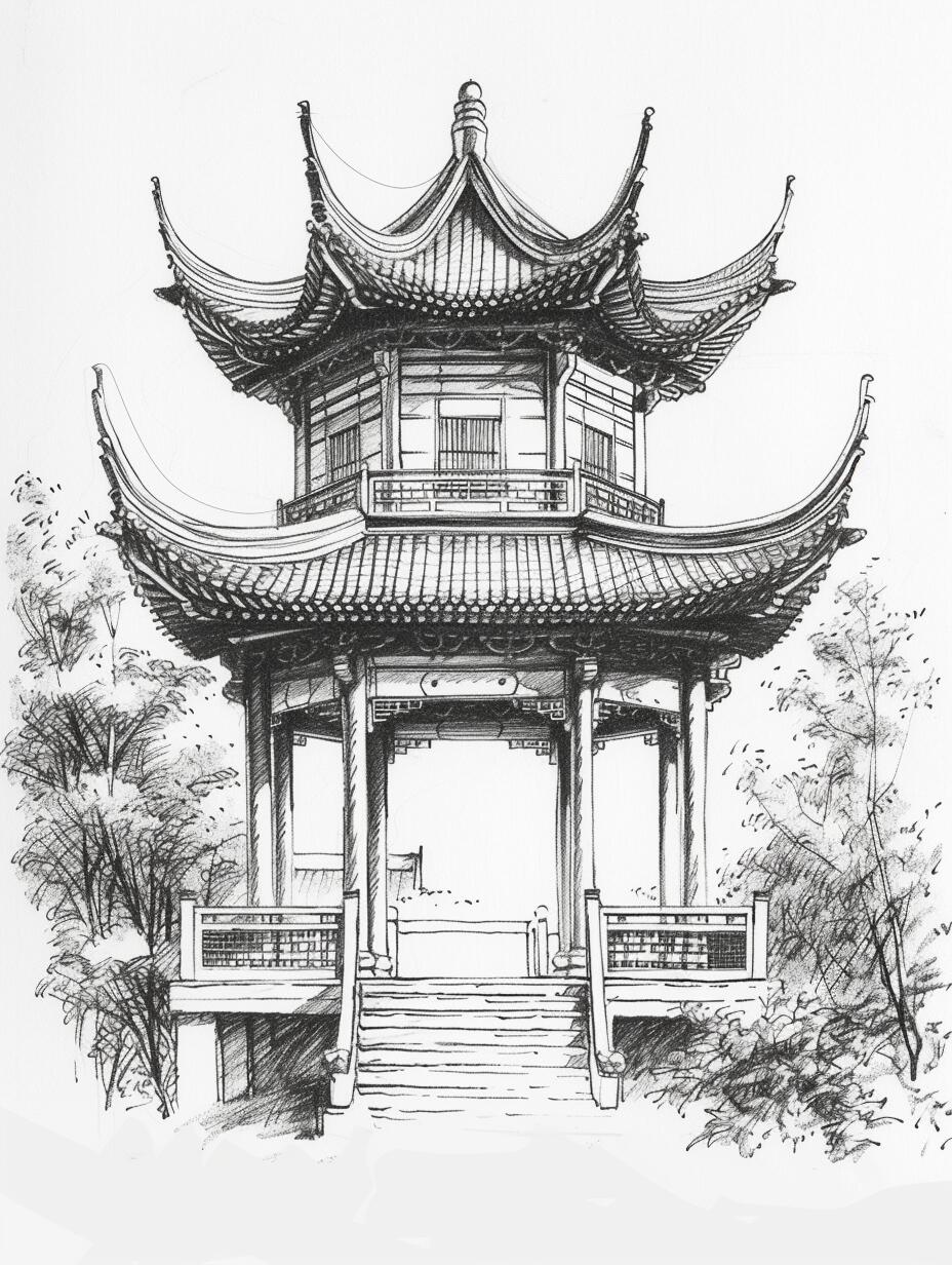 中式建筑丨亭子建筑图设计图草图 亭台楼阁映晚霞,古韵悠悠诉往昔.