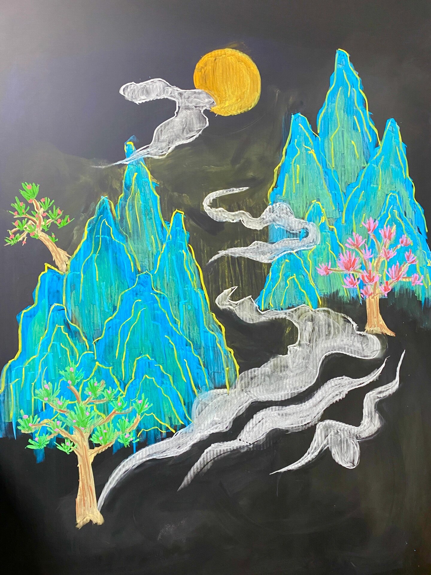 青绿山水粉笔画 黑板报素材