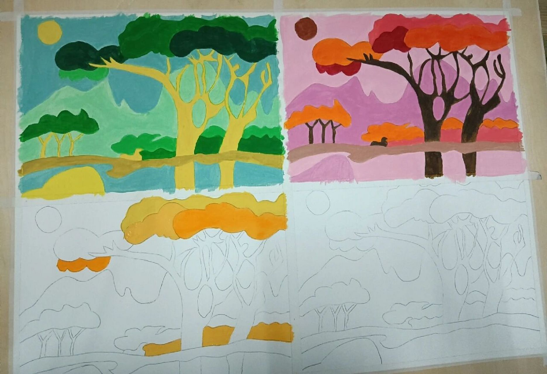 色相对比构成作业——四宫格   就这我画了好几天,太难了 参考了