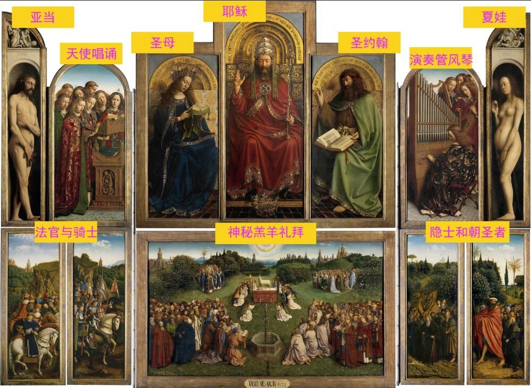 油画 	 根特·辛特·巴夫大教堂藏 	 在这幅画中,杨凡艾克展现了他