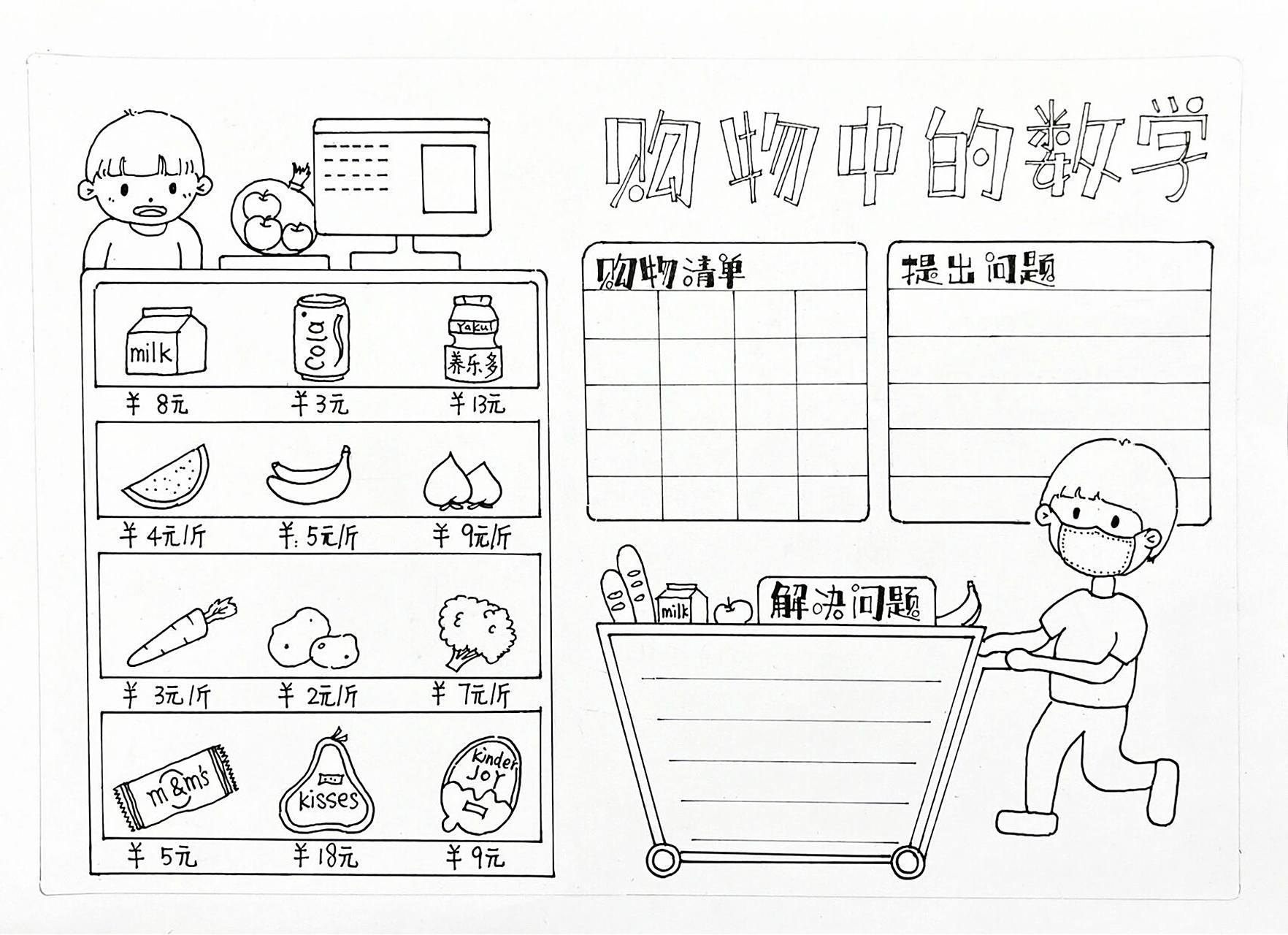 一年级暑假作业,数学与生活手抄报—购物我 逛超市,学数学 扫描了线稿