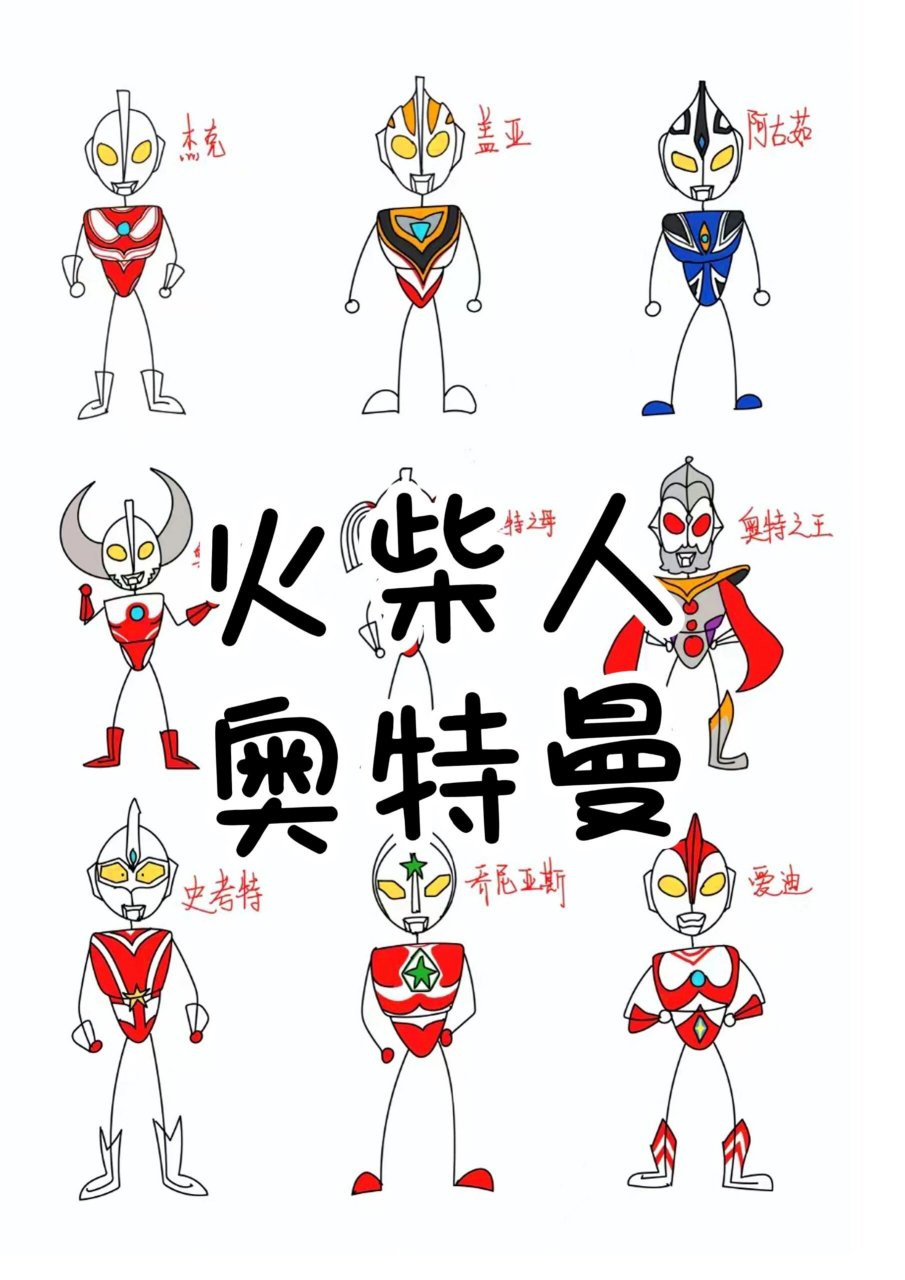 火柴人奥特曼创意儿童画简笔画卡通漫画教程 杰克,盖亚,阿古茹,奥特之
