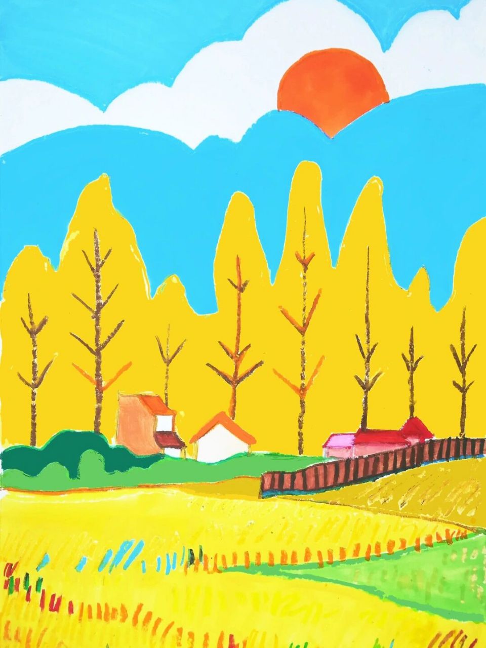 儿童创意美术《秋天的风景》 色彩非常鲜艳的一节《秋天的风景》 材料