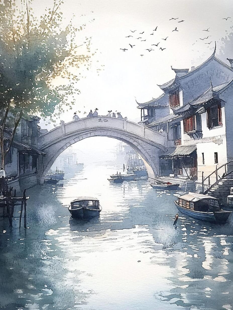 ai水彩|江南晨曦