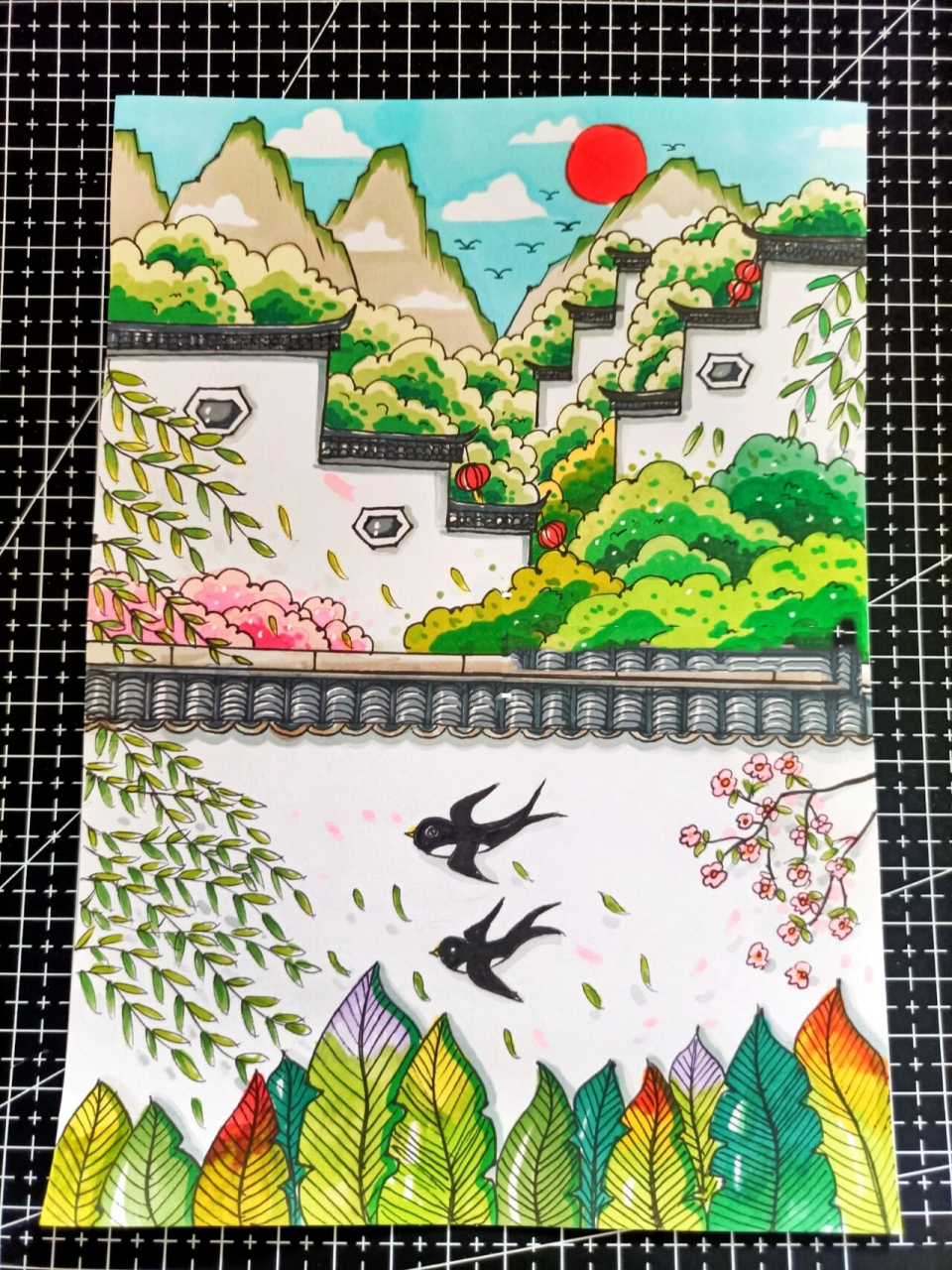 马克笔手绘江南风景画,意境江南儿创画 古诗配画,忆江南,咏柳,意境