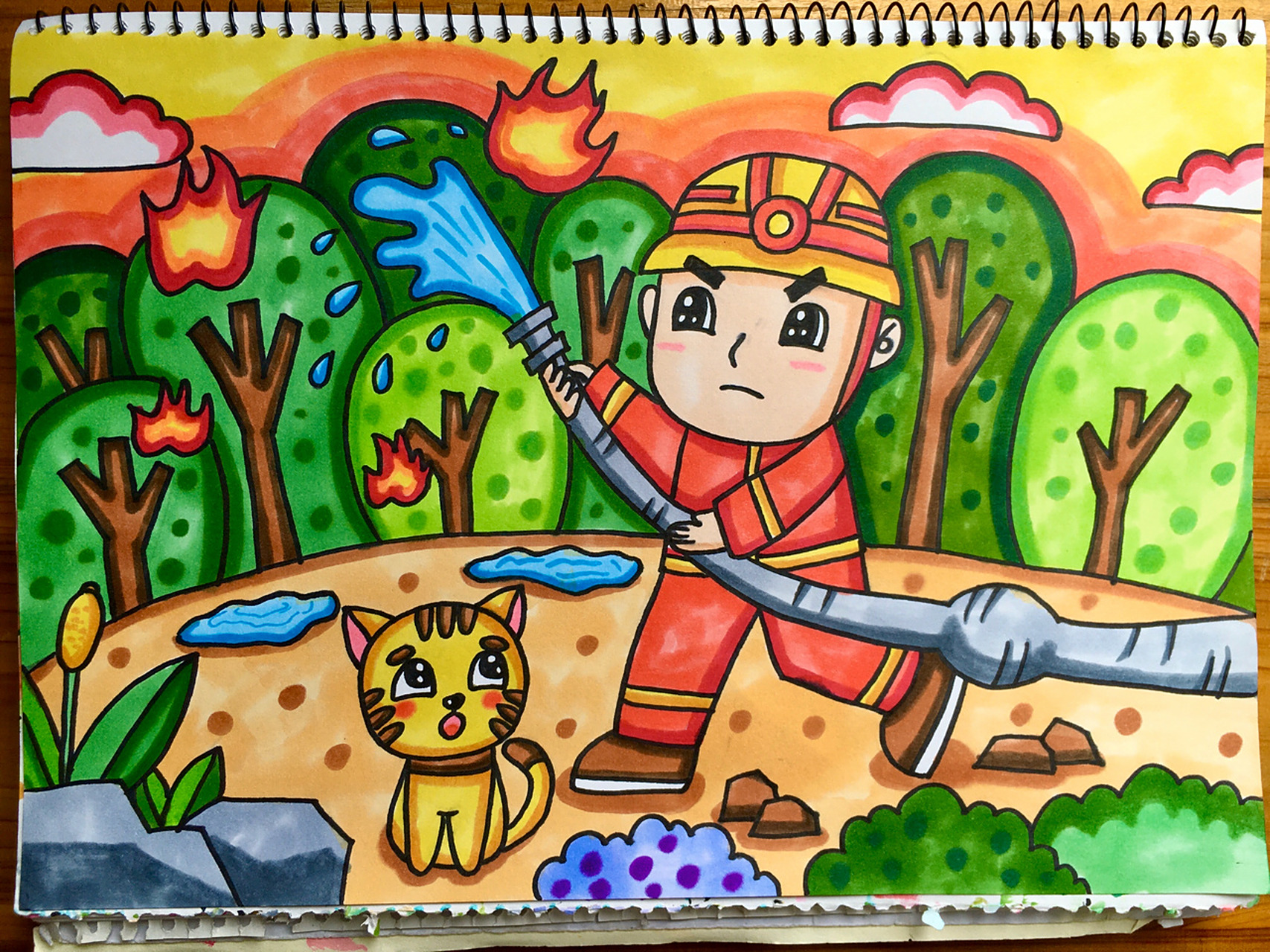 消防员/马克笔手绘/儿童画/人民英雄/备课 感谢这些勇敢的英雄们为