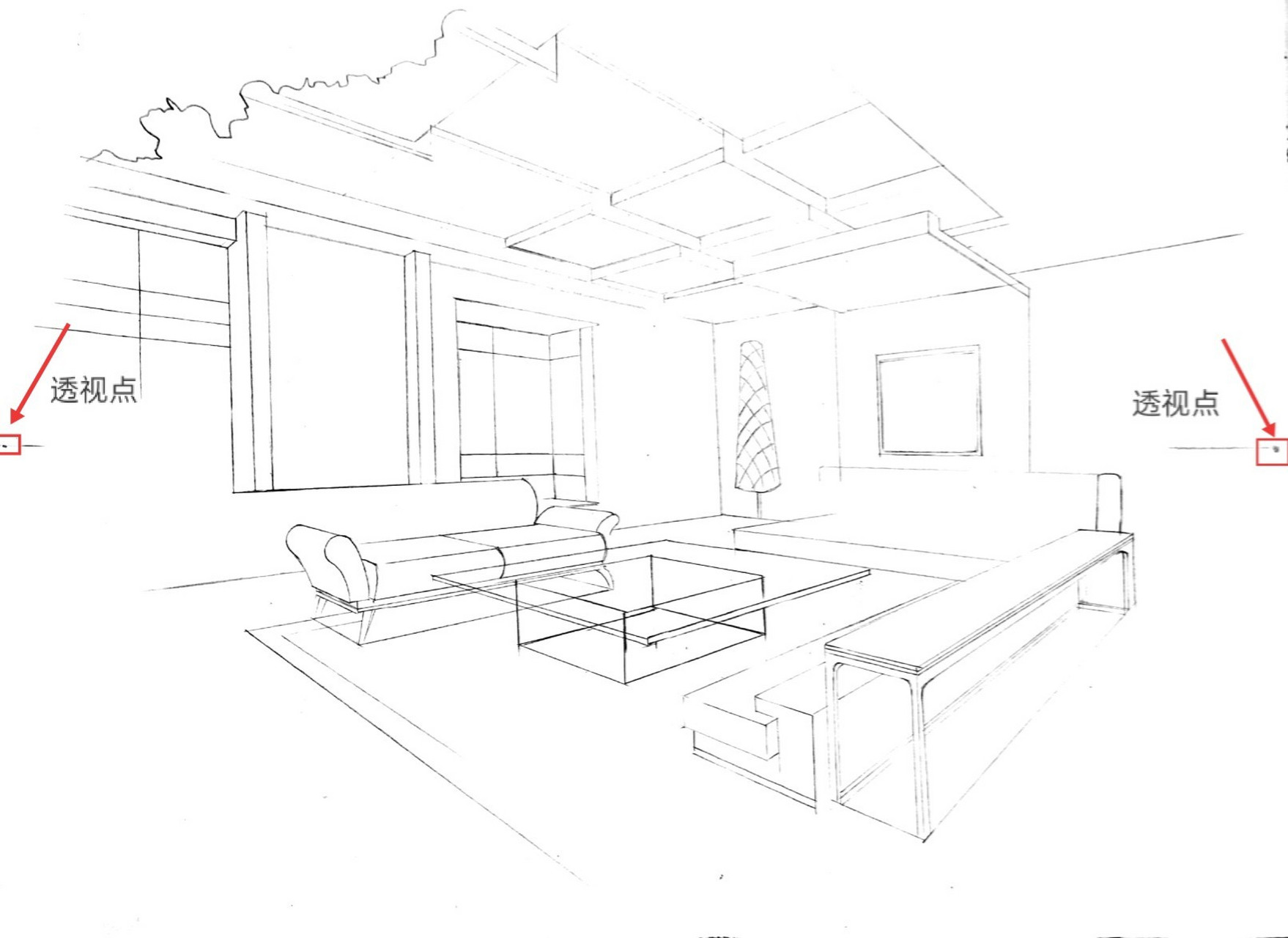 室内设计手绘两点透视(附教程) 绘画步骤981.先定点 2.
