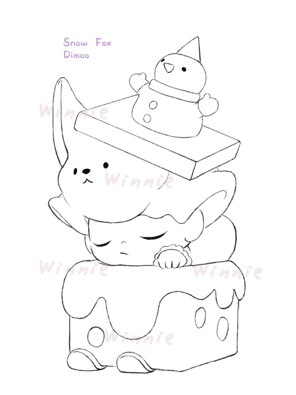 【手绘彩铅盲盒】dimoo2020圣诞雪狐附线稿 今天下午直播时候画的di