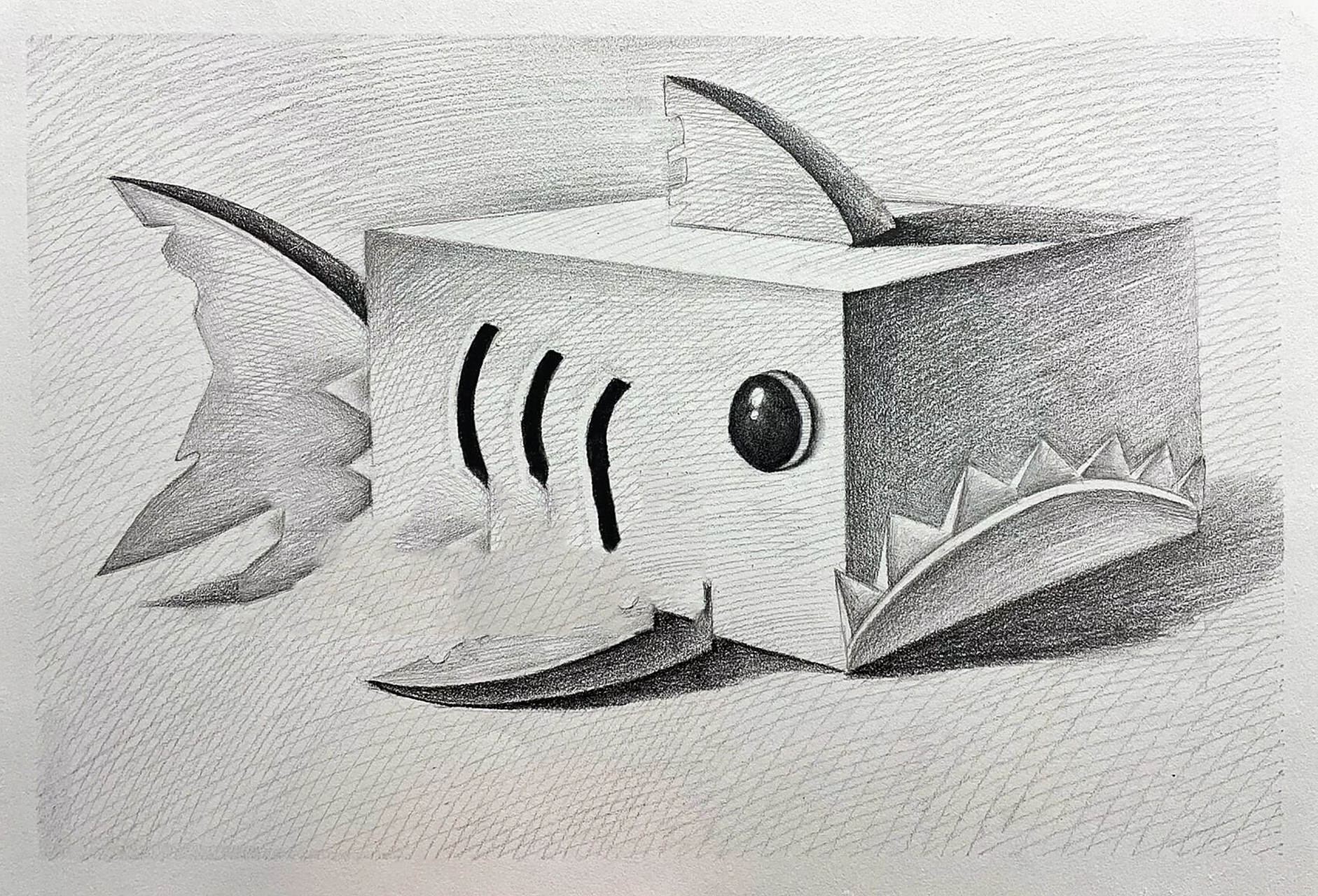 创意素描几何鲨鱼过程图 针对刚接触几何造型的小朋友,可以画一些创意