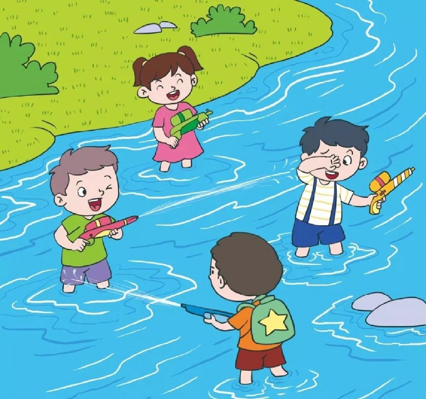 看图写话 打水仗 放暑假了,淘淘和小伙伴们约好一起打水仗.