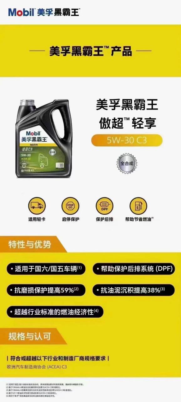 美孚全合成柴油发动机润滑油,满足国六标准,适用于轻型柴油发动机