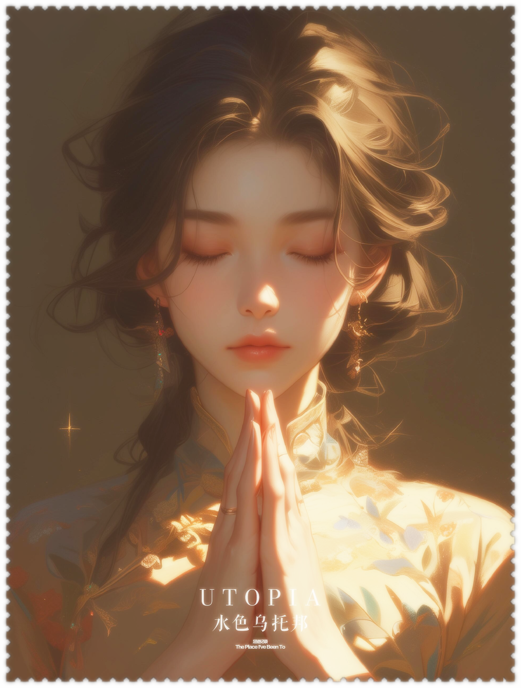 在晨曦微光中, 一位祈福的少女静静地伫立着♀