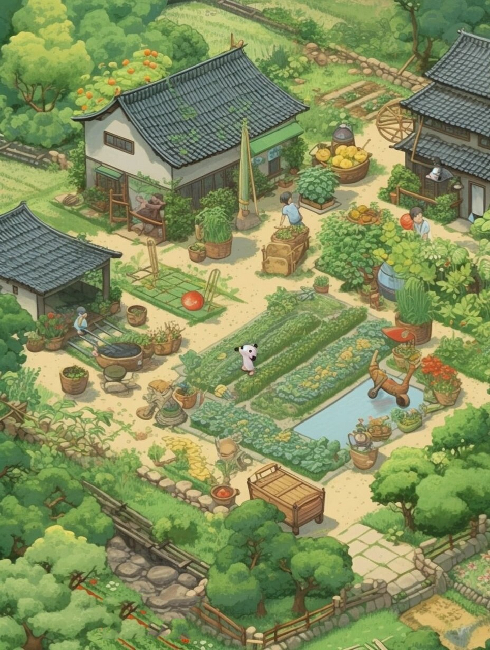 乡村小院 菜园子小池塘 治愈系插画