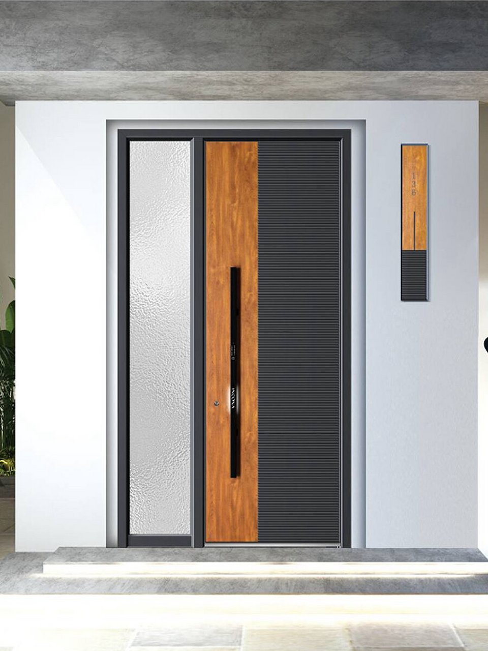 玻璃拼接铸铝门 将阳光撒入室内 石墨灰与木纹的拼接 更显高级的同时