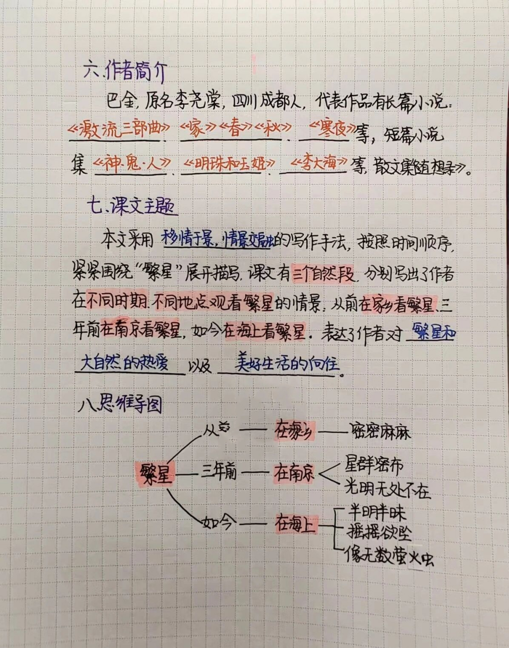 四年级上册语文第四课《繁星》课堂预习笔记 昨天晚上整好太晚没发,趁