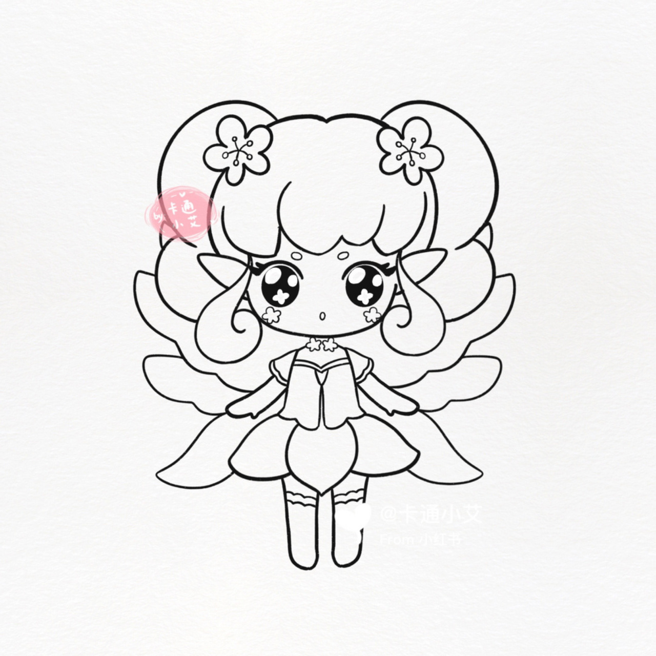 小花仙精灵王 红雨 简笔画q版线稿分解图 萌萌红雨 画画线稿上色图