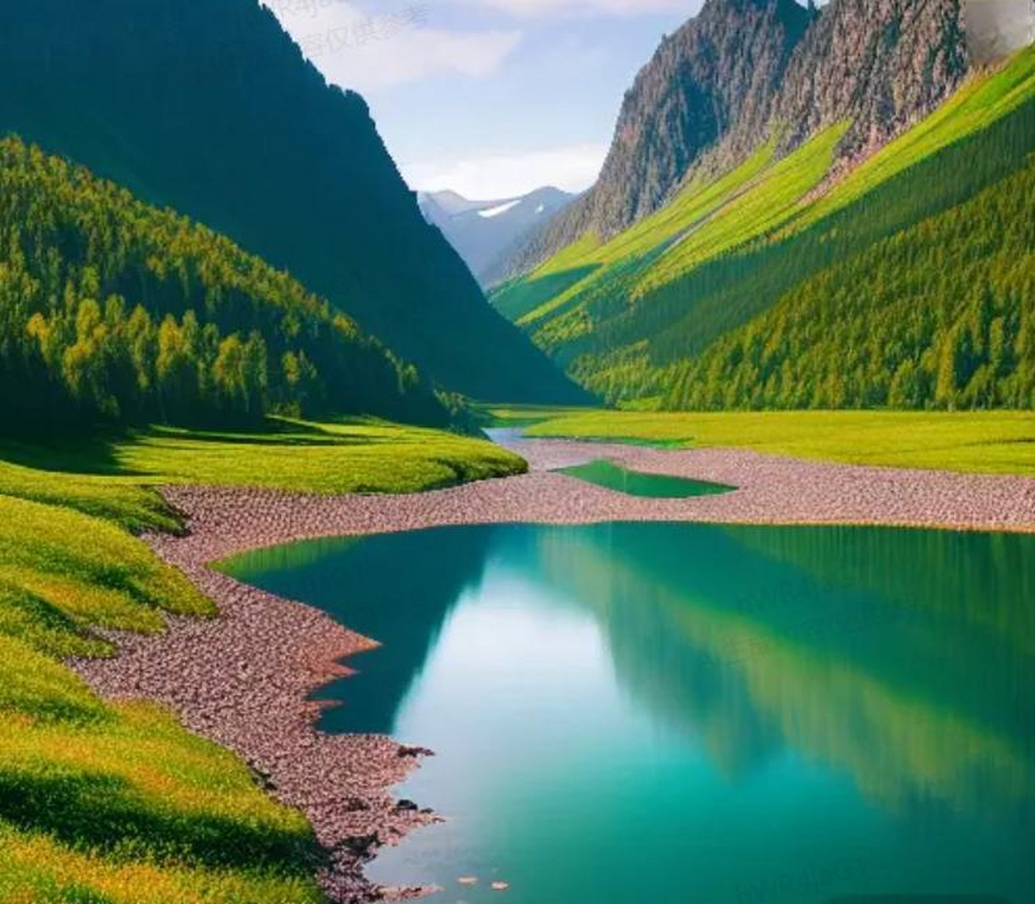 青山起伏延绵远,  翠绿的森林覆盖山峦.