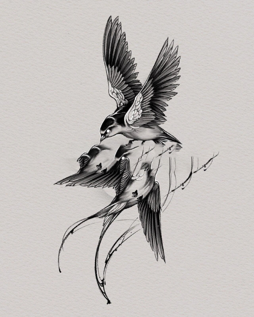 燕子纹身:吉祥如意爱情事业双丰收 双飞燕纹身手稿