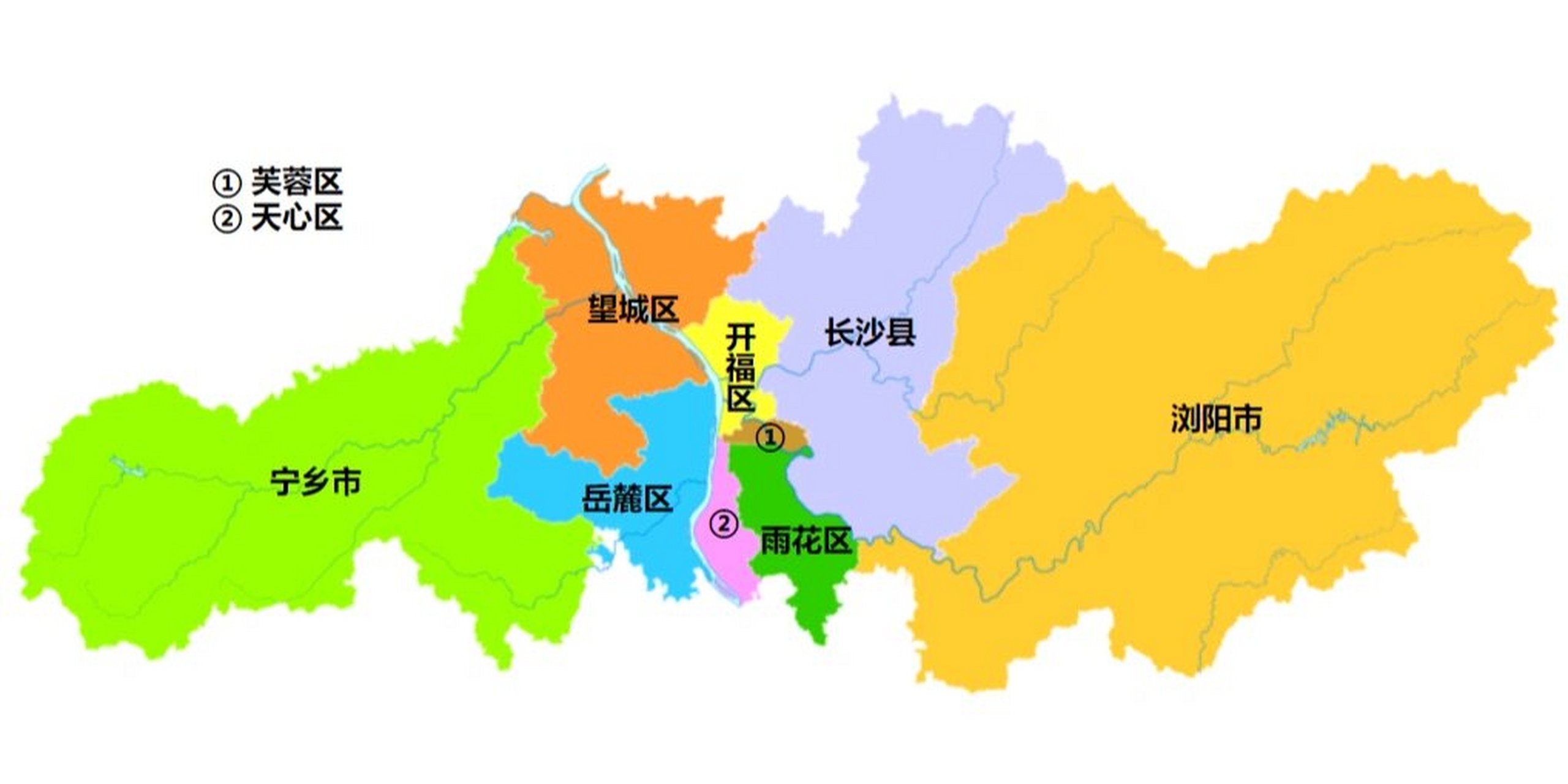 长沙全市划分为 6个区:芙蓉区,天心区,岳麓区,开福区,雨花区,望城
