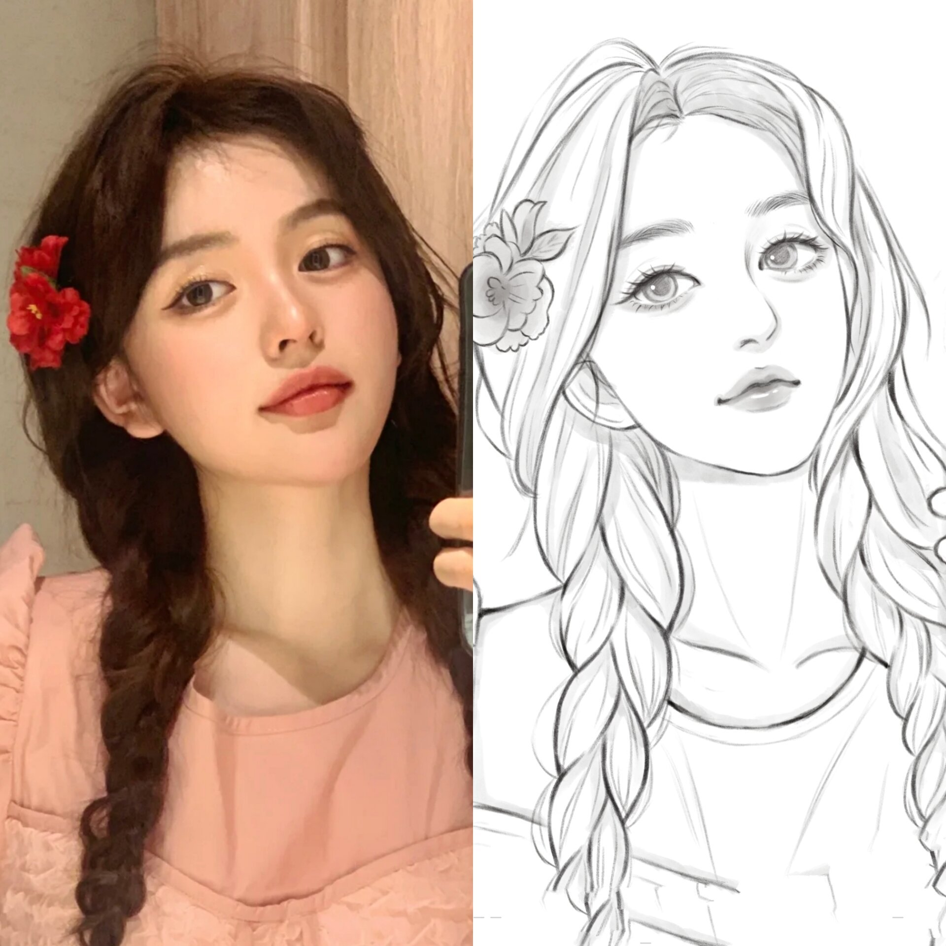 ✧ 麻花辫少女对镜拍线稿