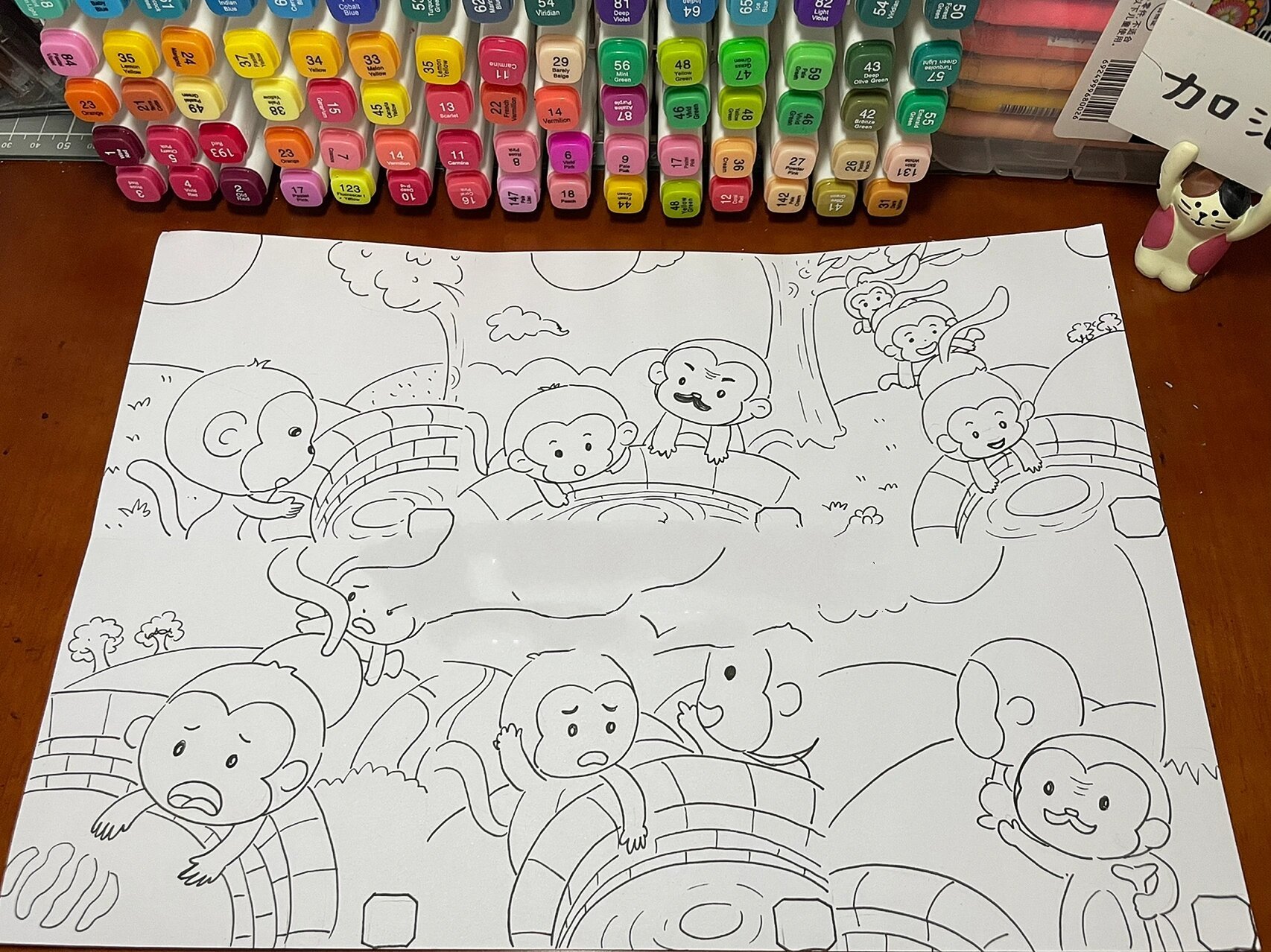 猴子捞月连环画 猴子捞月6格连环画  也可改成4格的 a4白卡纸 马克笔